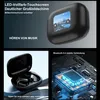 Collage of marketing images for wireless earbuds, showing the charging case with a screen, the earbuds in their case, and a close-up of a circuit board. Produktbild-Vorschau