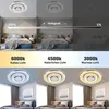 A collage showing a ceiling light in different brightness and color temperature settings, and in different room settings. Produktbild-Vorschau
