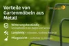 A close-up of a metal garden chair with text overlay highlighting the benefits of metal garden furniture. Produktbild-Vorschau