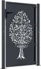 A dark gray metal garden gate with a white tree design cut out of it, standing upright against a light gray background. Produktbild-Vorschau