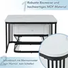 A white and black table with a marble pattern, showing a drawer and a metal frame. Voir les images du produit