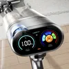 Close-up of a cordless vacuum cleaner's digital display showing battery level and operational modes. Produktbild-Vorschau