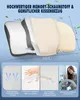 A layered diagram of a memory foam pillow with dimensions and feature callouts, followed by four smaller images showcasing breathability, material texture, zipper, and a woman with a washing machine. Produktbild-Vorschau