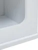 A close-up view of the corner of a white piece of furniture, likely a nightstand or shelf unit, showing a rounded edge and a baseboard. Podgląd zdjęcia produktu