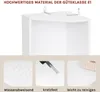 A close-up of a white corner shelf unit with three smaller images below showcasing its features: water repellency, scratch resistance, and ease of cleaning. Produktbild-Vorschau