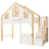 A white and natural wood loft bed designed to look like a house, shown from a front-diagonal angle. Produktbild-Vorschau