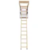 A wooden attic ladder is extended from an attic hatch, against a white background. Podgląd zdjęcia produktu