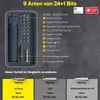 A product image showcasing an electric screwdriver set with its accessories and a comparison of materials. Podgląd zdjęcia produktu