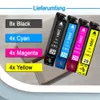Four ink cartridges are shown diagonally, with text labels indicating quantities of different colored ink cartridges on the left side of the image. Produktbild-Vorschau