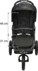 A front view of a black stroller with measurements indicated. Voir les images du produit