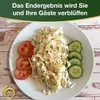 A plate of pasta with tomato slices and cucumber slices, with text overlay. Voir les images du produit