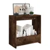 A dark brown wooden side table with books on the lower shelf and decorative items on the top shelf. Produktbild-Vorschau