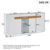 A technical drawing of a white and wood-effect sideboard with dimensions indicated. Voir les images du produit