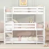 A white triple bunk bed in a child's bedroom with pink and white bedding and a teddy bear. Náhled obrázku produktu
