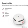 A white smoke detector is shown with feature callouts and text. Produktbild-Vorschau