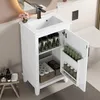 A white bathroom vanity with a sink and open cabinet doors, displaying various toiletries and storage items. Náhled obrázku produktu