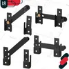 A collage of black metal gate latches and hardware, set against a blueprint-like background. Náhled obrázku produktu