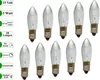 A collection of ten clear glass candle-shaped light bulbs with ribbed detailing and metal bases, arranged in two rows on a white background. Text labels are present on the left side of the image. Produktbild-Vorschau