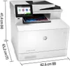 A white HP LaserJet Pro MFP color printer with dimensions indicated by text overlays. Podgląd zdjęcia produktu