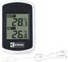 A digital thermometer with an outdoor sensor and cable, displaying both indoor and outdoor temperatures. Podgląd zdjęcia produktu