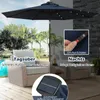 An outdoor patio scene with a dark blue umbrella, chairs, and a pool. Podgląd zdjęcia produktu