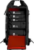 An open black backpack with organized compartments labeled for different items. Produktbild-Vorschau