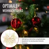 A close-up of a Christmas tree decorated with red ornaments and a straw star ornament. Text overlays provide marketing information. Produktbild-Vorschau