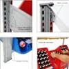Collage of images showing details of a beverage crate shelving unit, including its construction and ease of use. Produktbild-Vorschau
