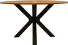 A round wooden table with a black metal base, isolated on a white background. Produktbild-Vorschau