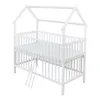 A white wooden crib with a house-shaped frame. Produktbild-Vorschau