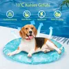 A beagle dog is lying on a blue cooling mat with water ripple patterns, with blue arrows indicating cooling airflow. The background is a blue water surface with some greenery at the top right. Produktbild-Vorschau