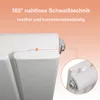 Close-up of a white radiator with a magnified view of a connection point, overlaid with German text describing features. Produktbild-Vorschau
