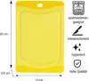 A yellow cutting board with dimensions and feature icons. Produktbild-Vorschau