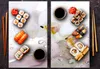 A collage of two images showing sushi and orchids, with water droplets on a textured surface. Náhľad obrázku produktu