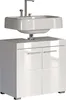 A white bathroom vanity with a sink and faucet. Produktbild-Vorschau
