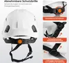 A white safety helmet with various features highlighted by text and close-up images. Produktbild-Vorschau
