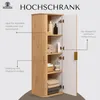 A tall bathroom cabinet with its door open, showcasing its interior shelves and contents. Text overlays highlight features and benefits. Produktbild-Vorschau
