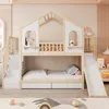 A children's bunk bed with a house-like design, featuring a slide and stairs, set in a bedroom. Produktbild-Vorschau
