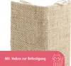 Close-up of a beige woven material, likely sisal or jute, with loops at the top. A pink overlay at the bottom contains text and a cat silhouette. Produktbild-Vorschau