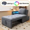 A grey sofa bed is shown in a living room setting, with its chaise lounge extended and storage compartments visible. Voir les images du produit