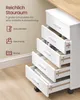 A white rolling cabinet with five drawers is shown next to a wooden desk. Text overlays describe the storage capacity and potential uses of the cabinet. Produktbild-Vorschau