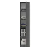 A tall, narrow gray cabinet with its door slightly ajar, revealing several shelves filled with folded clothing and storage boxes. Produktbild-Vorschau