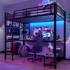 A modern gaming loft bed setup with a desk and chair, illuminated by colorful LED lights. Podgląd zdjęcia produktu