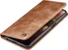 A brown leather flip case for a smartphone is shown with the cover partially open. Produktbild-Vorschau