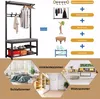 A collage of images showing a coat rack with shoe storage, diagrams illustrating its components, and examples of its use in different rooms. Produktbild-Vorschau