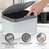 A hand is shown opening a white and gray kitchen compost bin with a push-button mechanism. The image includes close-up insets highlighting features like the push-button, anti-slip feet, and fingerprint-resistant surface, along with descriptive text in Germ Produktbild-Vorschau
