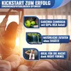 A woman stretching in bed with motivational text and product feature callouts. Produktbild-Vorschau