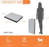 Product size chart and dimensions for a dog bed, with a silhouette of a person for scale. Náhled obrázku produktu
