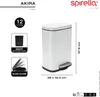 A product image showing a white pedal bin with dimensions and feature callouts. Produktbild-Vorschau