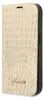 A close-up, angled view of a gold, crocodile-textured book-style phone case. Produktbild-Vorschau